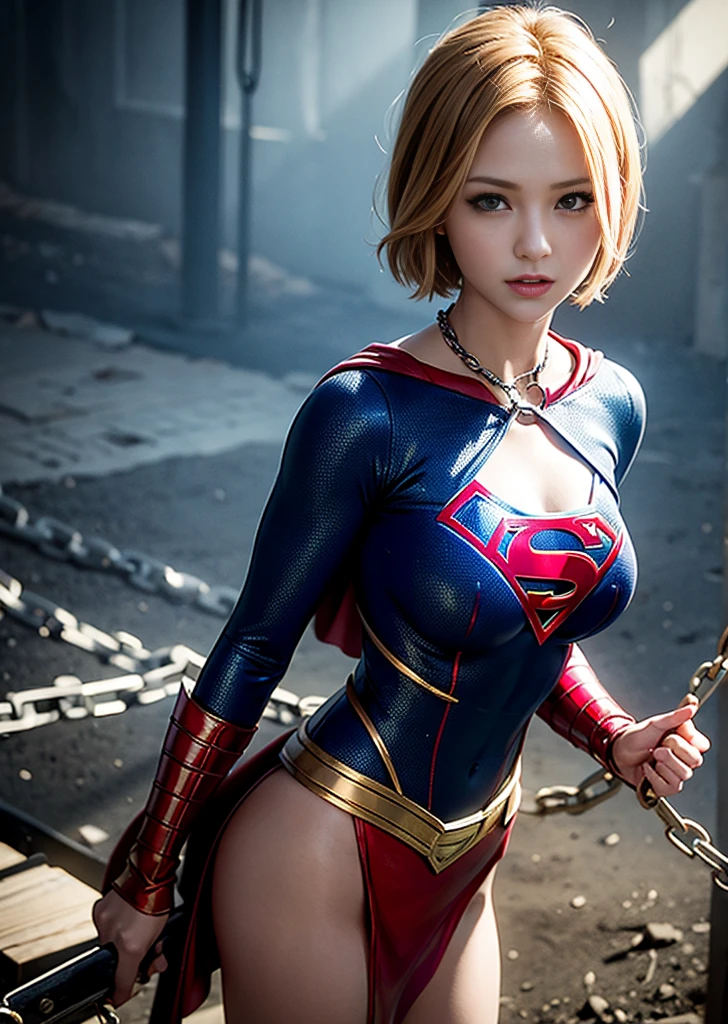 Short-haired Supergirl kneels, tangled in rusty chains、Big ample breasts、Looking into the camera、Shiny Costumes、Shabby costume、Injury、Dungeons、slave、Humiliated