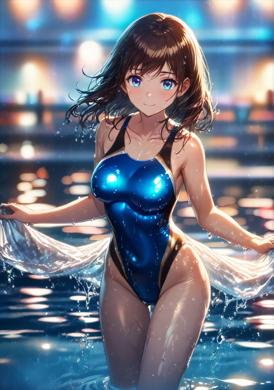 best quality, masterpiece, ultra high res, (photorealistic:1.4), RAW photo, Intricate details, Big beautiful eyes, Perfect contours, masterpiece, One girl, Shortcuts, Medium chest, Olympic Swimmer, (one piece, turtleneck,No sleeve), Transparent and clear sapphire glass swimsuit, tight high leg swimsuit, ((Shooting from below, looking up:1.2)), Portrait, View your viewers, Outdoor swimming pool, Partially submerged, Wet Skin, Smile, (armpit)