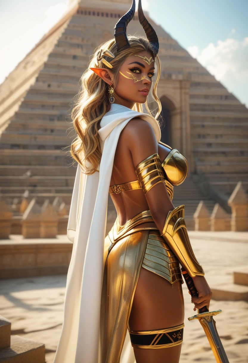 In the heart of an ancient city, a vision of timeless beauty and power emerges. The very image of an Egyptian goddess comes to life in the form of a woman with a dark skin complexion, her very long blonde hair cascading down her back in perfect waves. She dons an armor suit inspired by the legendary Isis, a fusion of ancient culture and modern aesthetics. The suit, crafted with intricate detail, covers her upper body, leaving her strong shoulders bare, while her gloved hands hold the essence of raw power.
Her waistline, impossibly small, accentuates the immense circumference of her lower extremities, far exceeding 90 inches. This woman