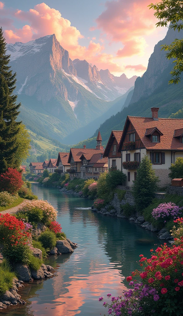 a small village by the river, mountains in the background, fleurs florales colorées,  detailed landscape , Beaux paysages naturels, atmospheric lighting, coucher de soleil brûlant, warm colors, pratique, photorealistic, Detailed foliage ,  complex buildings, Cobblestone street, Charming country house, bright swirling colors, lush vegetation,  Reflections of still water, Pittoresque, idyllique,  work of art, best quality, 8k, extremely detailed, style anime.