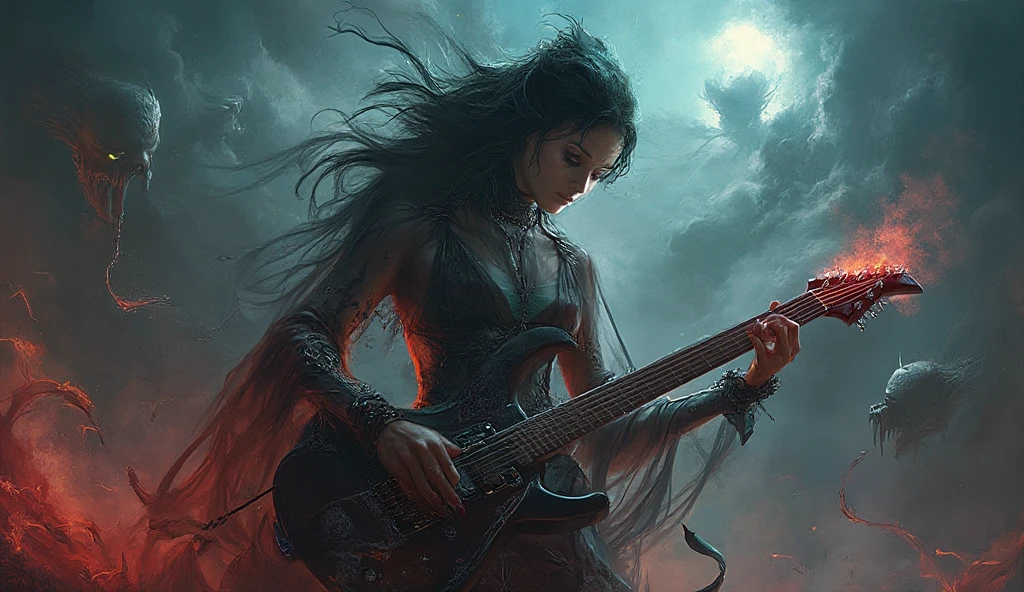 mystical woman, playing a heavy metal electric guitar, is surrounded by an atmosphere of gothic music and fantasy demons, creating a unique sound, that takes listeners to new heights.