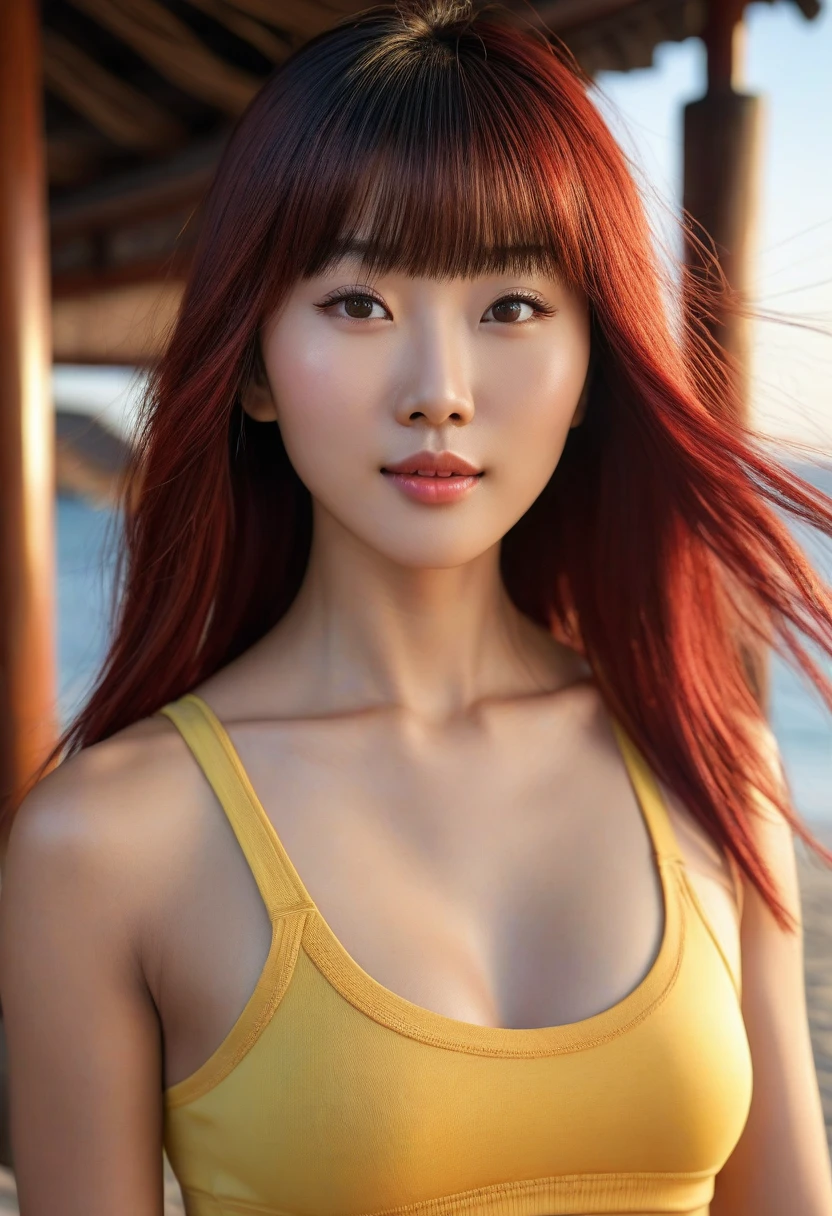 (highest quality, 32k, High resolution, masterpiece:1.5,), Haunting fantasy portrait in abstract style, ((In a swirl of fantastic pastel colors and soft light)), Evoking a sense of soothing tranquility and elusive beauty, Award-winning masterpiece with amazing details, cute japanese woman, whole body, full shot, perfect human anatomy, big magical eyes, fleeting smile, ((Shiny detailed wine red hair)), Long, intricately detailed straight hair, Beautiful asymmetrical bangs, hair between eyes, smooth and soft skin, thin eyebrows, clear double eyelids, pale pink lips, ((Small bikini with starry sky pattern)), High resolution perfect clavicle, Beautiful chest in high resolution, Slender body with plump breasts, ((Colorful sparkling light effects)), Beautiful sea reflecting light, sunset on the horizon, Illuminated by the sunset, professional lighting, professional photographer, Professional models,mysterious