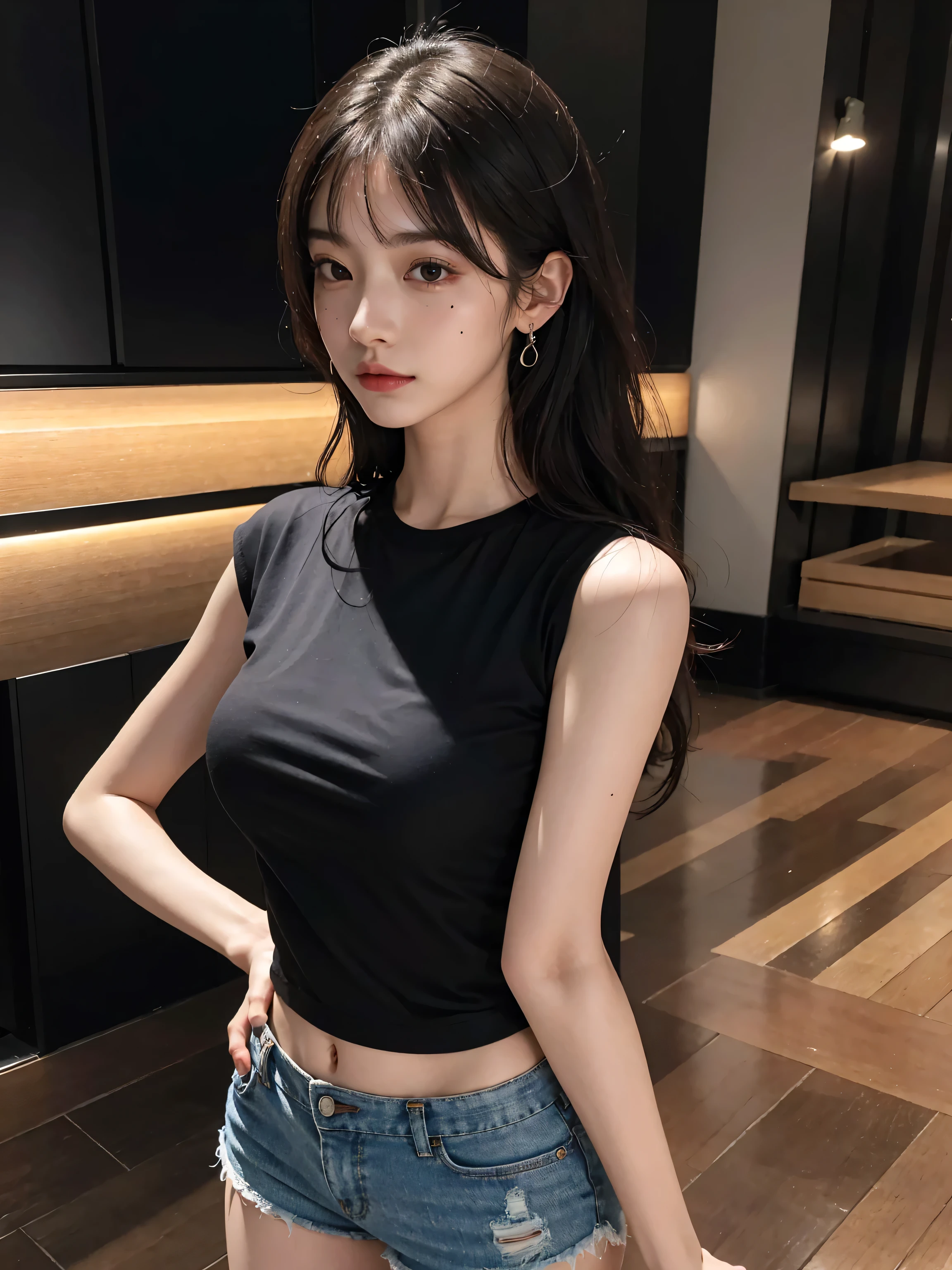 (1 Korean star with royal sister style), ((best quality, 8k, masterpiece: 1.3)), focus: 1.2, perfect body beauty: 1.4 , (smile), (Street: 1.3), highly detailed face and skin texture, fine eyes, double eyelids, whitening skin, (big wave hairstyle: 1.3), (round face: 1.5), (tank top skirt: 1.4), (shoulder span bag)