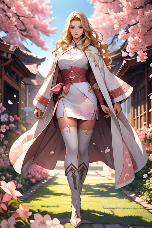 4K anime style quality, a chaos-themed female character, a semi-realistic illustration, with long wavy blonde hair, fierce blue eyes with intensity, elegant white skin, and scar adorning hourglass body, wearing her a layered light pink and white qipao with intricate silver details, a short dress with flowing panels, a long coat draped over her shoulders, dark thigh-high stockings, and light-colored boots, with a feminine contour, standing in a dramatic cherry blossom-filled garden at twilight, her pose radiating strength, dynamic pose, intense cinematic lighting, perfect anatomy, intricate scar and outfit detailing, full HD, 4K, HDR