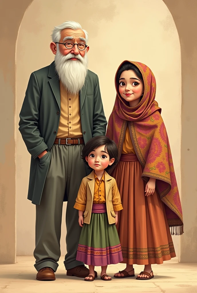 Create anime avatar family portrait of a Bangladeshi Muslim family with five members. The mother is a 45-year-old overweight woman weighing 90 kg wearing hijab and abhaya . The father dark brown skin tonned is a 65-year-old man with a white beard, wearing a cap and
Punjabi . The eldest son is brown 21 years old adult, wearing glasses, a shirt, and pants. The middle daughter is brown 19 years old adult, wearing hijab and glasses . The youngest son is brown , dressed in a cap and a Punjabi plain background.