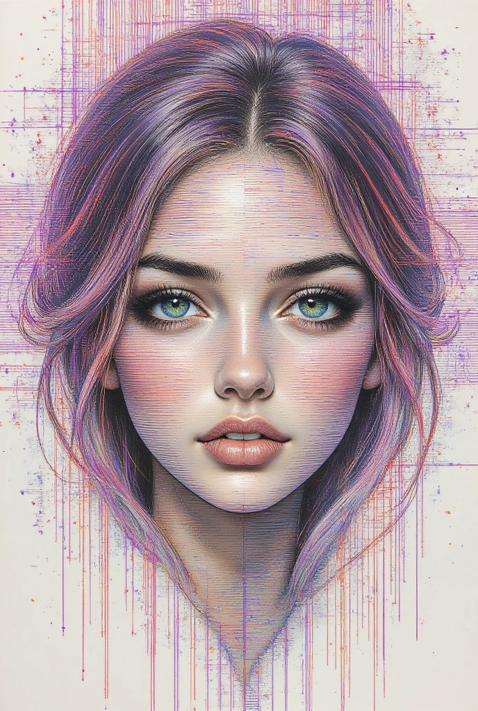 highly defined optical illusion, made from lines, crossed by vertical and horizontal purple and red lines, illusion of a portrait of a beautiful woman, sculpted white background  , ,  Barcode 