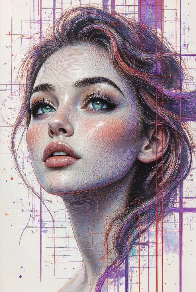 highly defined optical illusion, made from lines, crossed by vertical and horizontal purple and red lines, illusion of a portrait of a beautiful woman, sculpted white background  , ,  Barcode 