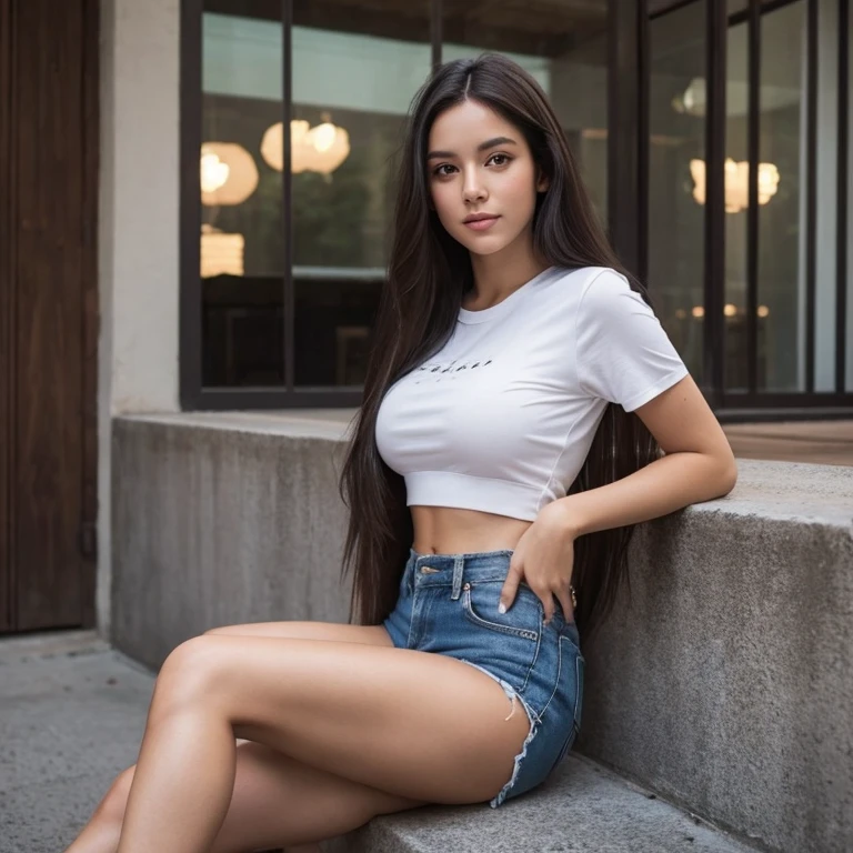 woman with black hair and perfect body shape sitting on a park wearing casual clothes ultra realistic