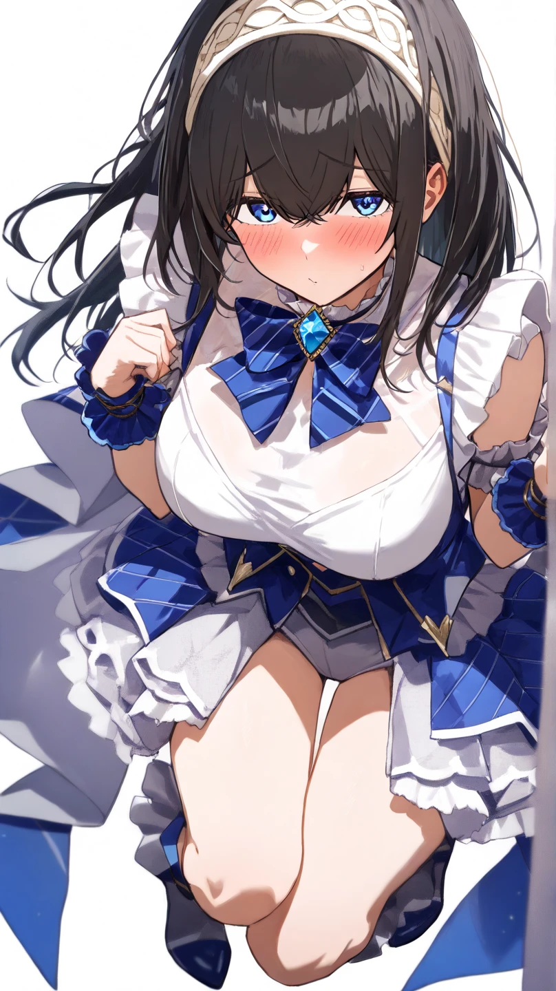 NSFW,((1人の男性と1人の女性,セックスをしている)),on stomach,from behind,vaginal,sex,お尻を掴む,小さな女の子,black haired,bare chest,貧乳,smile with open mouth,masterpiece, highest quality, high resolution, Celia Clare, white capelet, beret,ribbon,(magical girl costume),simple background