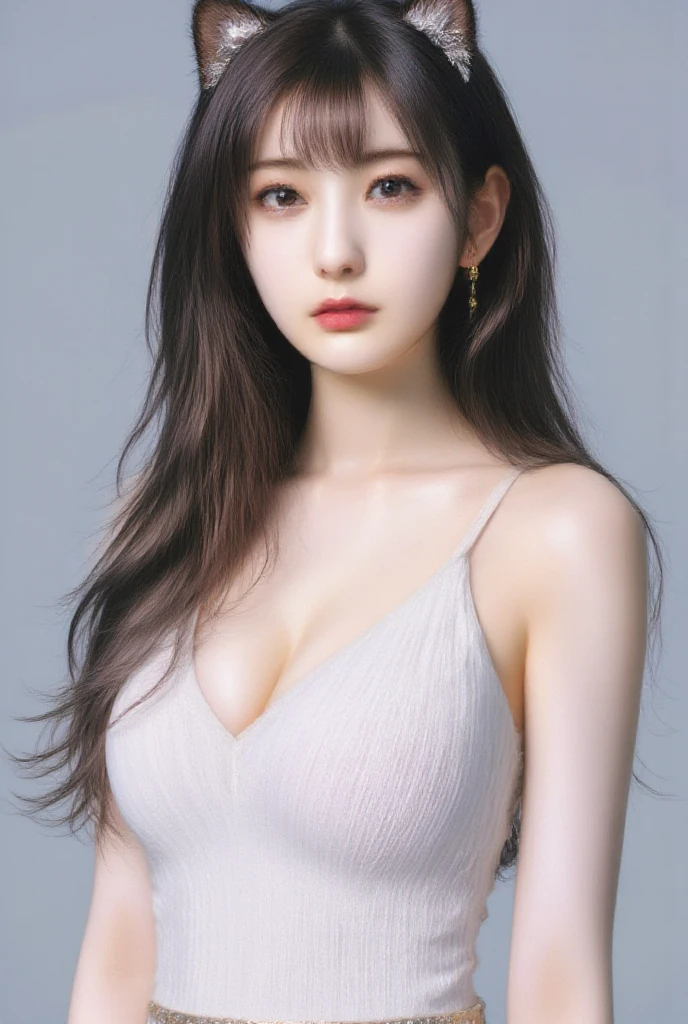 (((forehead、Northern Europe、White people、beautiful girl、Black Hair、White background、Camisole dress、high waist、Frills、race、long hair)))、table top, highest quality, figure, super detailed, finely, High resolution, 8k wallpaper, Perfect dynamic composition, detailed and beautiful eyes, Deco out,bionde, super big breasts, Natural color lip,white background, random cute poses,