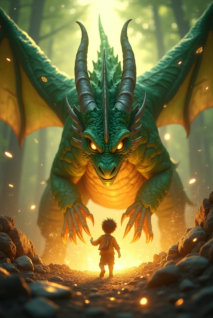 As the boy touches the glowing stone, the ground cracks open in a burst of golden energy. Emerging from the earth, a massive emerald-green dragon with silver horns and glowing gold eyes unfurls his translucent wings. The brave boy stumbles back, awe on his face as golden magical symbols float in the air. Dust and leaves whirl around them in a magical vortex. The background shows the forest lit up by radiant light, and the dragon’s scales shimmer with magical reflections.
3D Pixar cartoon style, Ultra HDR, 3D intricate details, vibrant colors, realistic lighting, Dramatic Lighting, Enhanced Clarity, Brilliant Highlights, Hyperrealistic Detailing, cinematic.