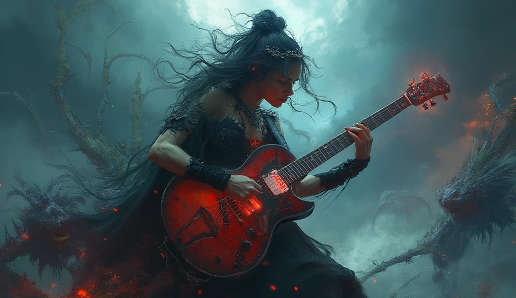 mystical woman, playing a heavy metal electric guitar, is surrounded by an atmosphere of gothic music and fantasy demons, creating a unique sound, that takes listeners to new heights.