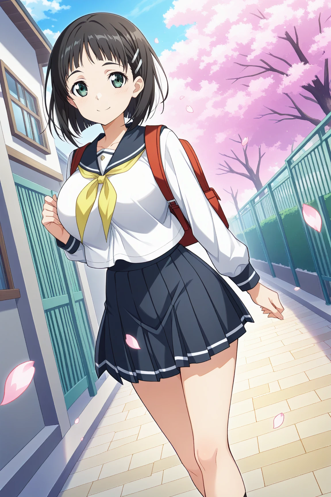 (Masterpiece Anime, One, Retro art style, Clean brush strokes, Very detailed, Perfect Anatomy, Browsing Caution), City Background, In front of the sweets shop, (Full Body Shot), (mio), 1Girl, Eyebrows visible through hair, bangs, Brown Hair, Spider web print, hair ornaments, sash, band, Hair Ribbon, compensate, Yellow Eyes, (Sansakumaru:1.4), (Beautiful and detailed:1.5), Open your mouth a little, Confident々Smile, High Body, (Large Breasts:1.5), (Standing with your legs apart), (Over the , Navy blue), (School uniform mini skirt, Navy blue), Leather student bag,
