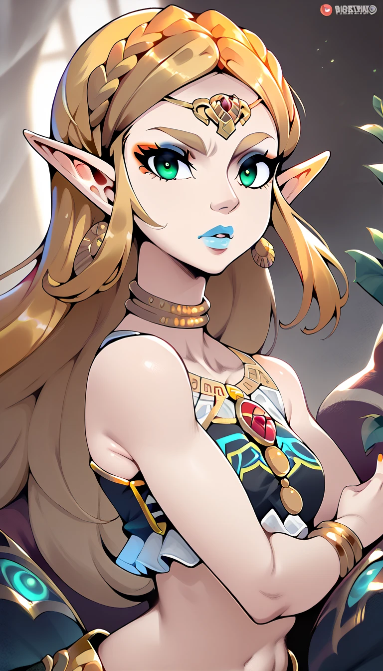 score_9, score_8_up, score_7_up, score_6_up, geewhy_style, zelda,
1girl, solo, looking at viewer, jewelry, gold, long hair, green eyes, blonde hair, pointy ears, light skin, makeup, lipstick, crop top, neck ring, blue lips, ,  shoulders, 
