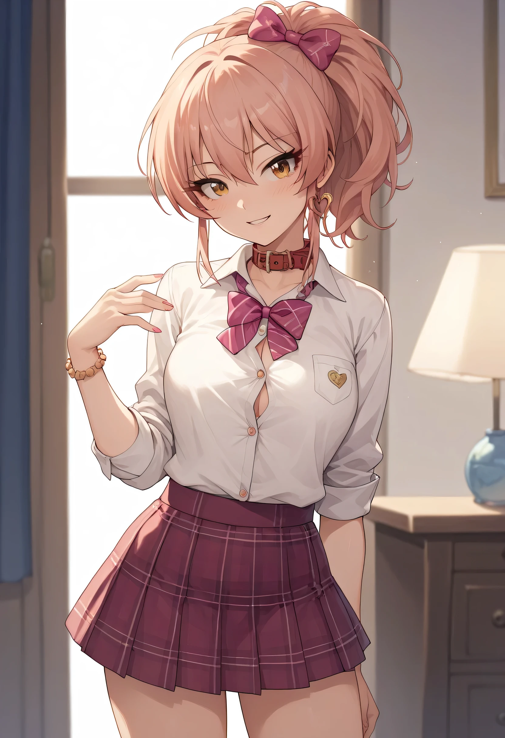 An image of Mika Jougasaki wearing a white shirt with collar and buttons and short pink checkered school skirt , posing erotically standing in a room