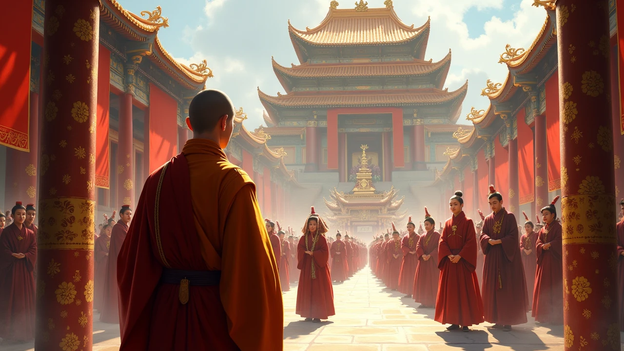 The monk watching royal processions bowing to Buddhist elders, power and humility side-by-side.