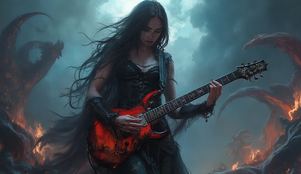 mystical woman, playing a heavy metal electric guitar, is surrounded by an atmosphere of gothic music and fantasy demons, creating a unique sound, that takes listeners to new heights.