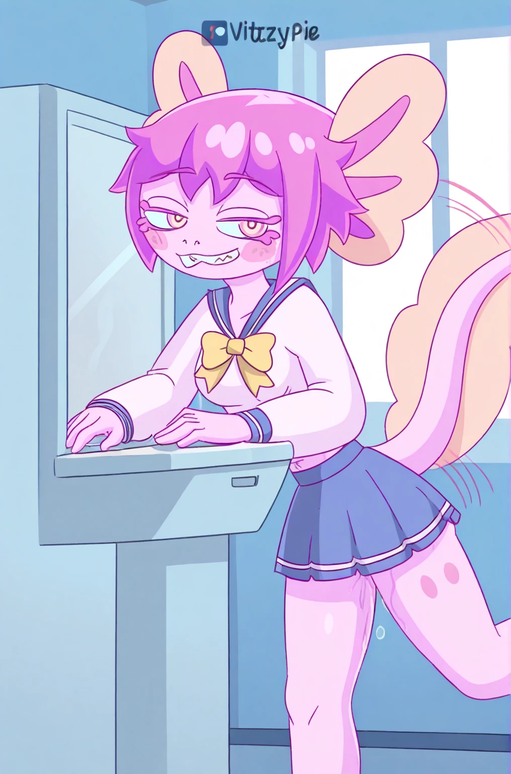 (((1boy, 1girl))), ((nsfw)), penis, (((((handjob)))), R-18, from side, open mouth, (look up),
BREAK,
(masterpiece), best quality, (detailed green eyes), 8k, panda girl, (((rainbow hair))), (curly hair), ((human face)), [small breast:1.1], waist:1.3, (panda ears:1.4), kneeling, face closeup, 
BREAK, 
quirky  featuring a plaid jumper, button-up shirt, elevated with sheer patterned pantyhose, the geek-chic ensemble exudes nerdy charm and playful sophistication, perfect for the studious yet stylish student, mary jane heels,
BREAK, 
