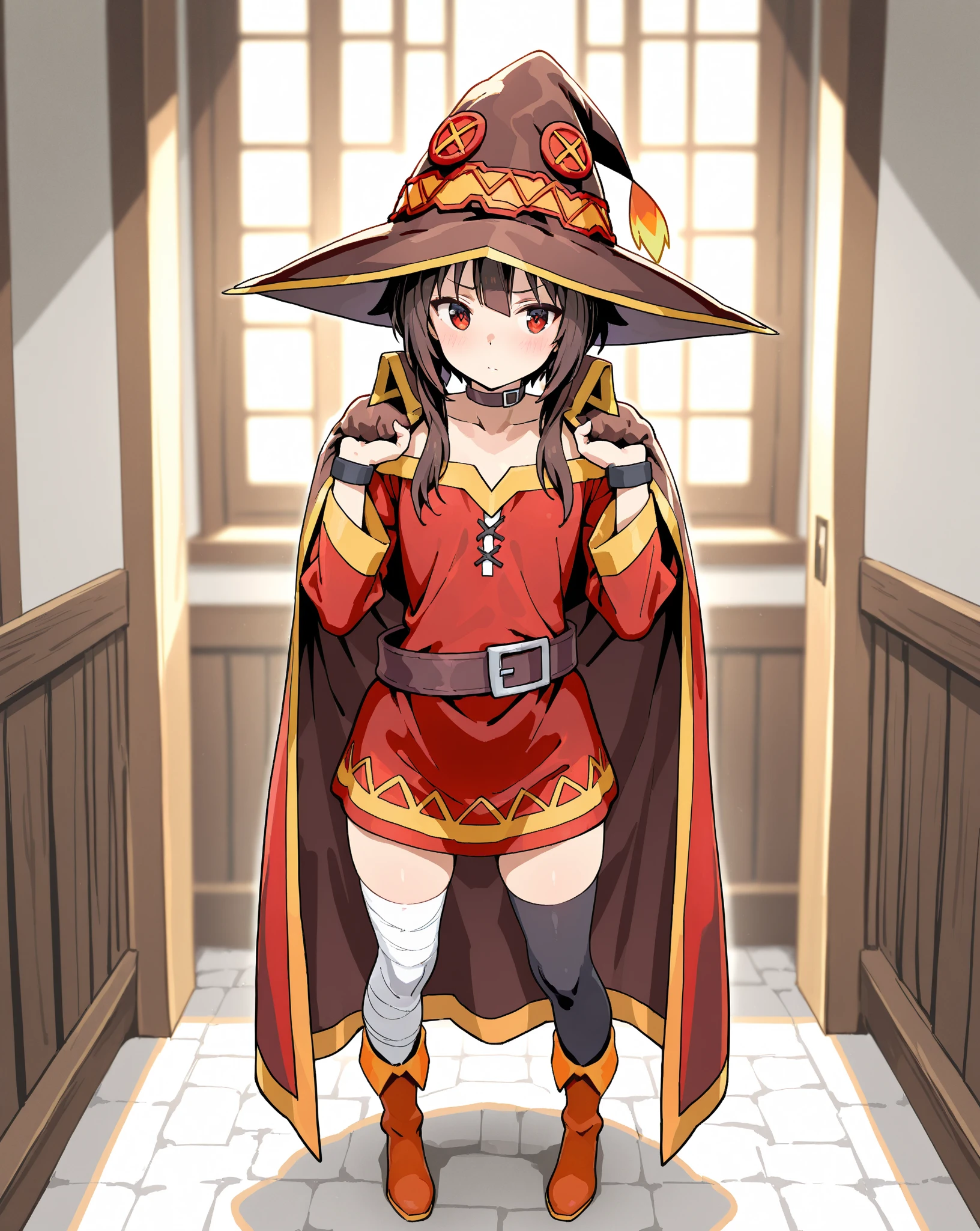 Megumin, This time, Hand with 5 fingers, Skinny body, fitted dress, lifting up her short dress, showing her vagina, standing, wet vagina, heart eyes, blushing, nervous face, dripping vagina, Dark alley, evening, no panties, holding her dress with both hands, head on, nervous smile, gaze fixed on the viewer