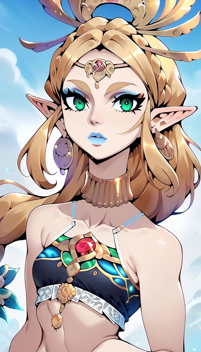 score_9, score_8_up, score_7_up, score_6_up, geewhy_style, zelda,
1girl, solo, looking at viewer, jewelry, gold, long hair, green eyes, blonde hair, pointy ears, light skin, makeup, lipstick, crop top, neck ring, blue lips, ,  shoulders, braided ponytail, crown
