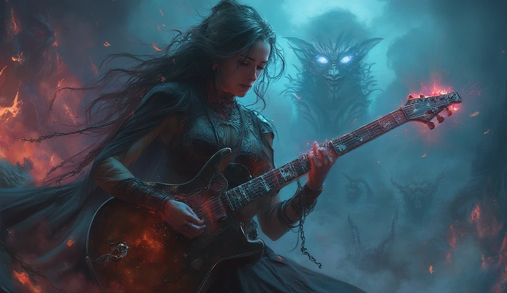 mystical woman, playing a heavy metal electric guitar, is surrounded by an atmosphere of gothic music and fantasy demons, creating a unique sound, that takes listeners to new heights.
