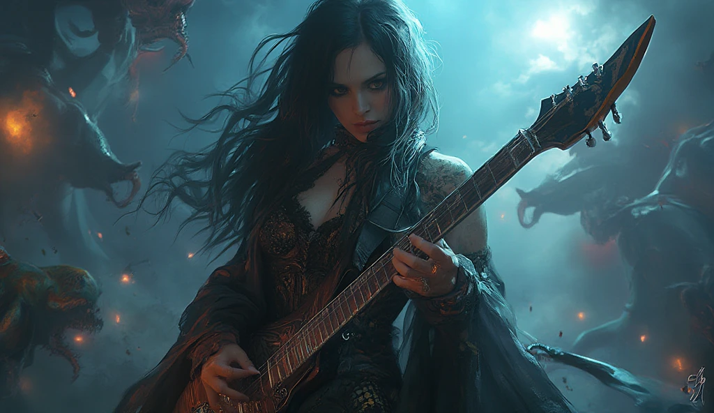 mystical woman, playing a heavy metal electric guitar, is surrounded by an atmosphere of gothic music and fantasy demons, creating a unique sound, that takes listeners to new heights.