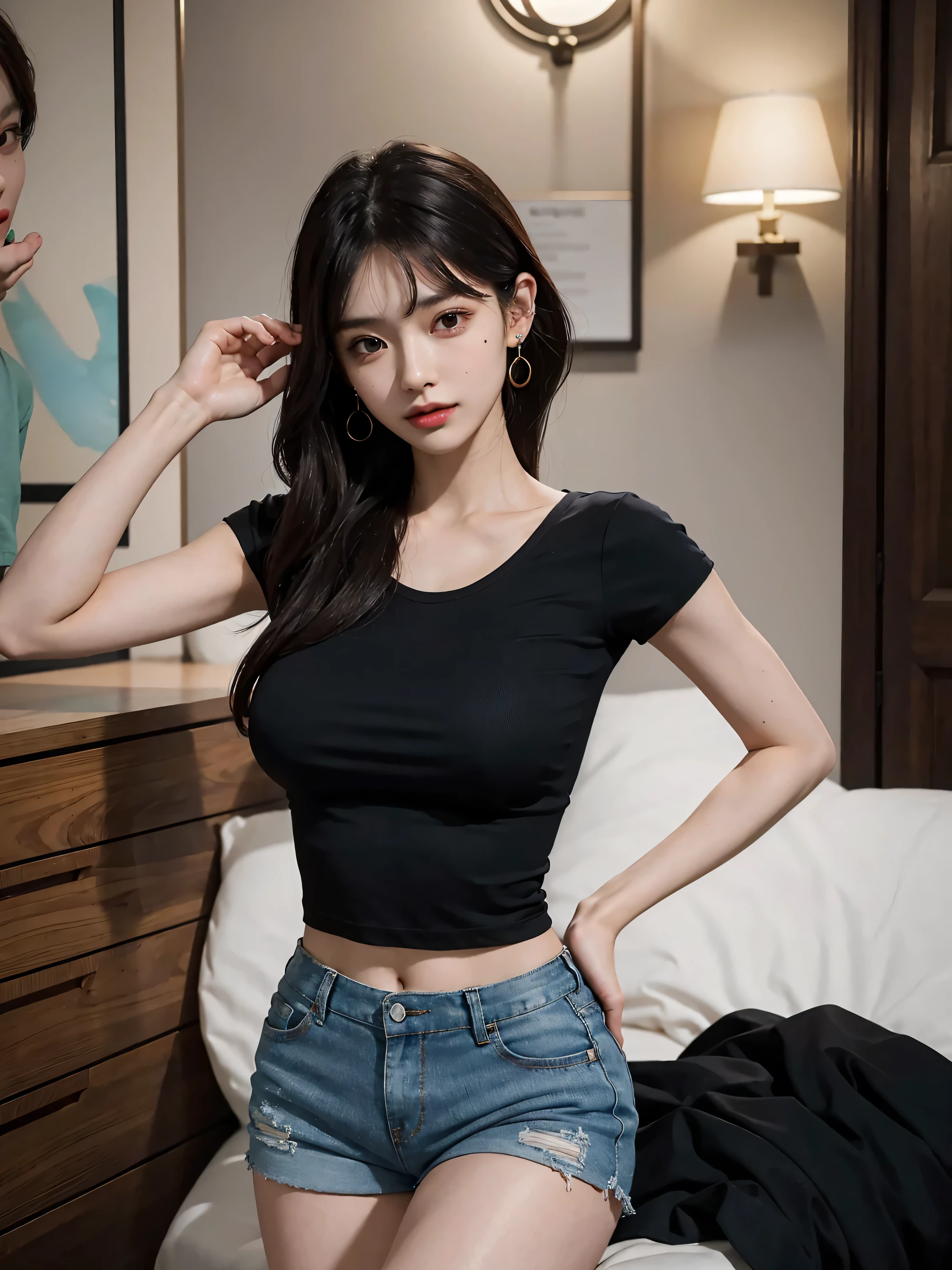 masterpiece, top-quality, 1 beautiful girl, (Detailed beautiful eyes), ((Detailed skin)) , ((Detailed medium hair )), A beautiful 170cm, in colorful clothings hiphop style, crop top, tank top and ripped kaki, at the living room, RAW photos, CG rendering, Blurred background, deep shadow, 16K, bokered, Very detailed, wallpaper, depth of field, movie light, Ray tracing,