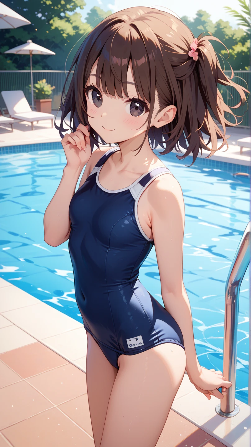nsfw, (perfect anatomy, balanced proportions, extremely cute illustration:1.1), poolside, brown hair, brown eyes, long hair, twintails, hair ornament, arms behind head, armpits, (embarrassed, smiling), (dark-navy school one-piece swimsuit:1.1), baby face, (cute round face), seducing,