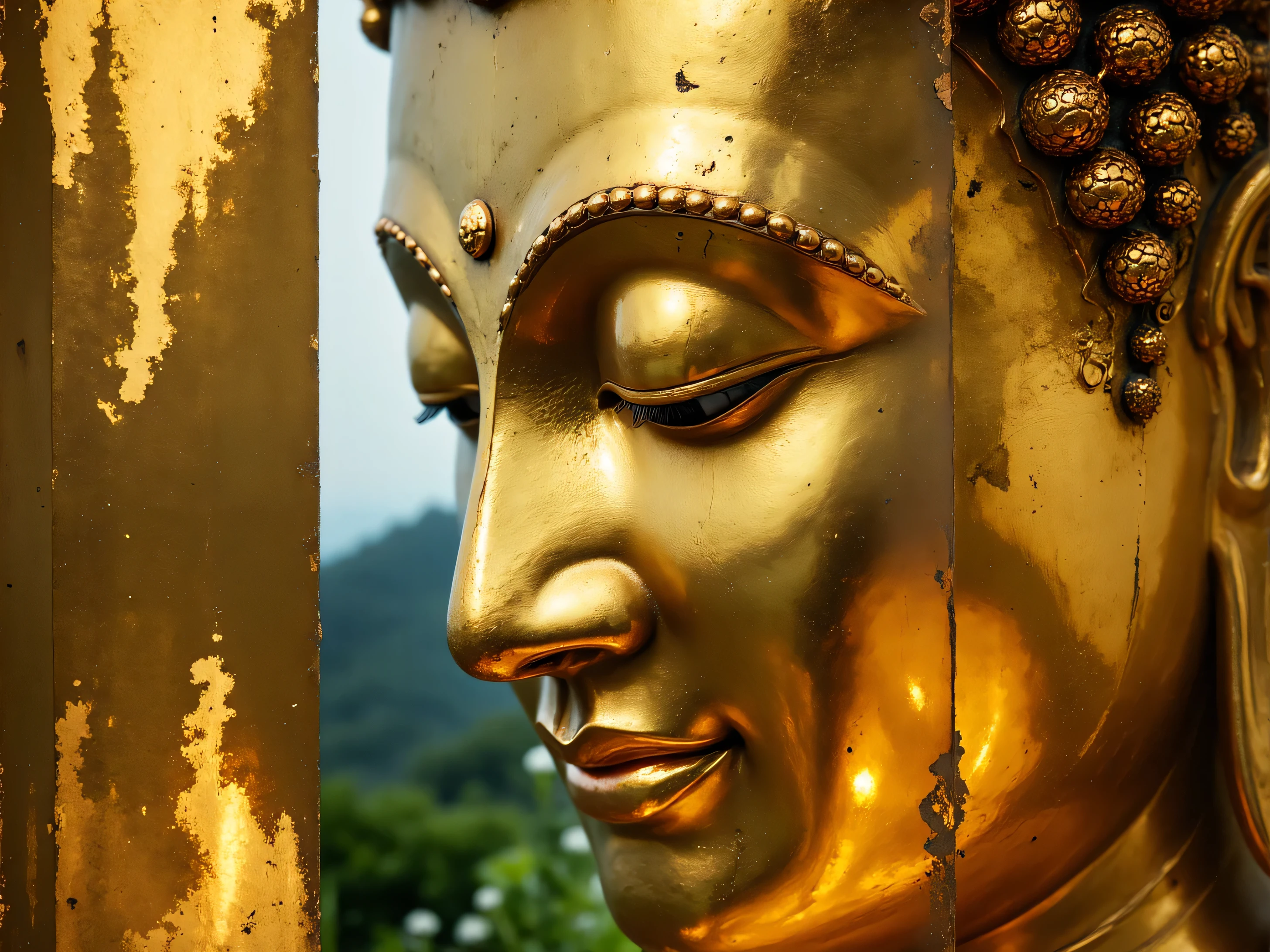 Shiny golden myanmar Buddha Face tilt shot