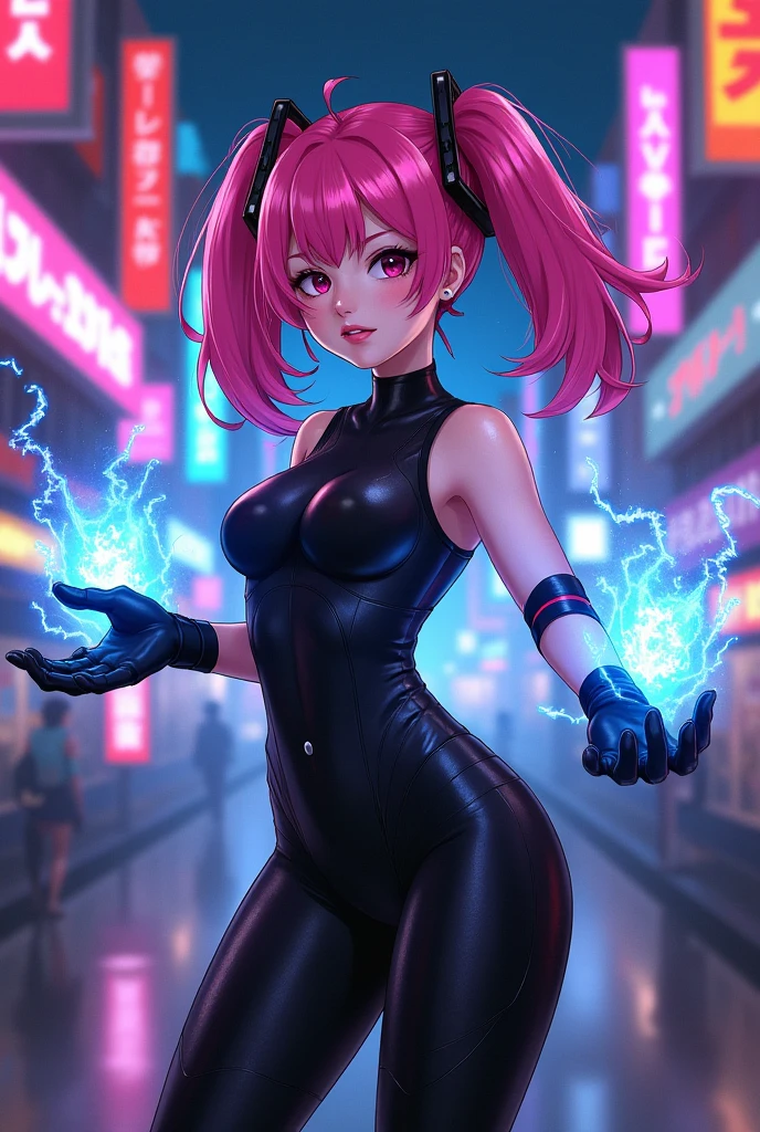 The image is a vibrant, cyberpunk-themed illustration featuring a female character with pink hair styled in twin tails. She is wearing a black, form-fitting outfit with gloves and is holding out her hands, which are emanating a blue, electric-like energy. The background is filled with neon signs and a neon-lit street scene, creating a futuristic and otherworldly atmosphere.