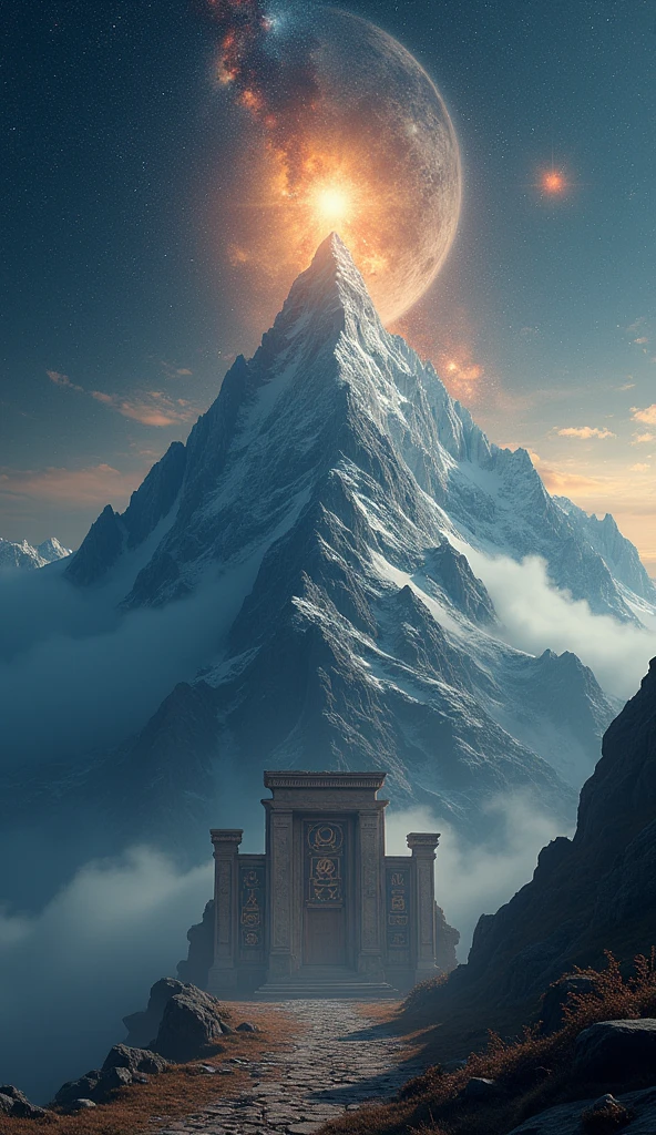 Hyper-realistic and cinematic image of a majestic cosmic mountain rising through a starry sky. The peak touches nebulae and galaxies, glowing with starlight. The mountain is surrounded by celestial fog and ancient ruins carved with astrological symbols of Capricorn. A glowing Saturn-like planet hovers in the sky, representing structure and discipline. The scene is mystical, powerful, and evokes the silence and strength of universal ambition.