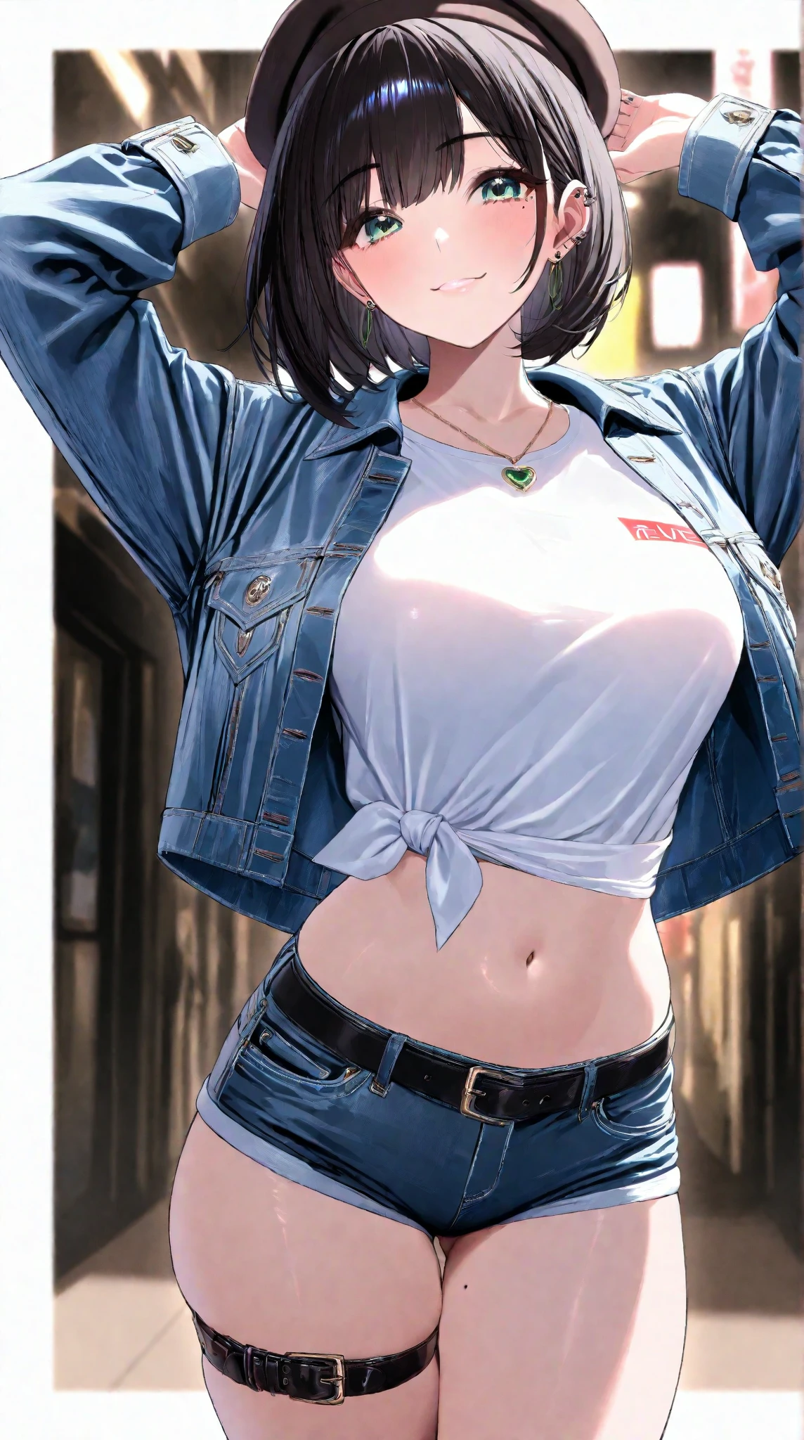 black hair,yellow eyes,(high quality eyes),masterpiece, best quality, high quality, highres, outdoors, looking at viewer, white shirt, crop top, midriff, navel, white pants, Jenny, tall female,big breasts, tassel earrings,
Red lipstick,