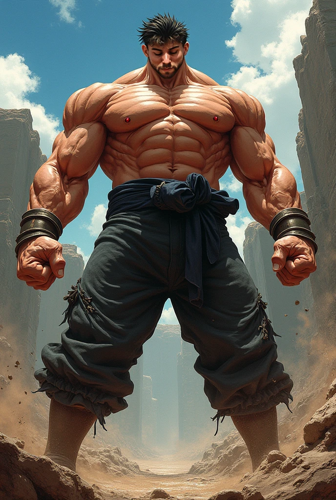 a powerfully muscular young man, short white hair, faded white eyes, gold-colored kāṣāya garment over black yukata robes, white tabi socks, zōri sandals, detailed facial features, imposing presence, masterpiece, highly detailed, photorealistic, 8k, cinematic lighting, dramatic lighting, chiaroscuro, muted colors, moody atmosphere
