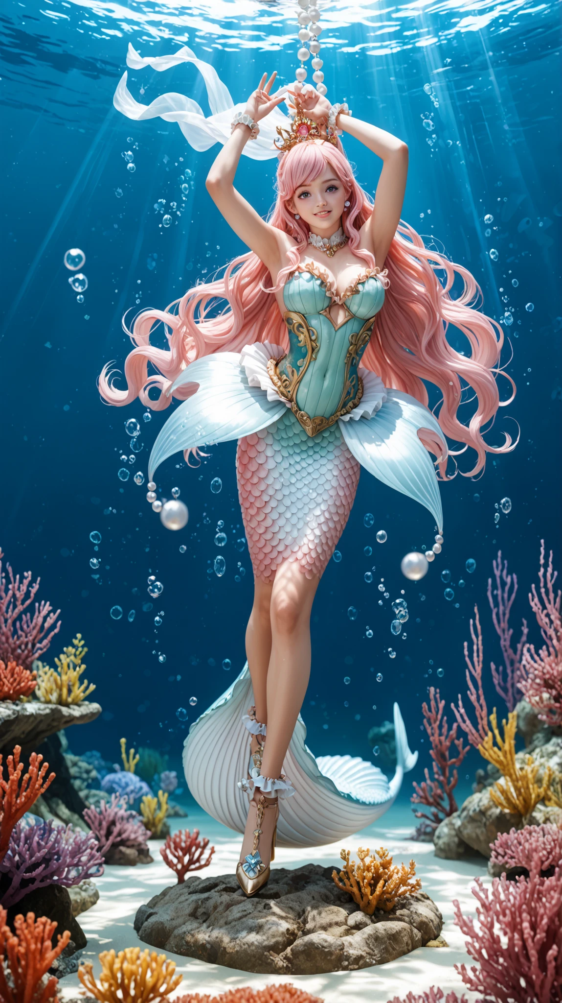 Shirahoshi, a majestic giant mermaid princess, full-body view, in cinematic realism style, set deep underwater in a glowing ocean kingdom with a mystical and dramatic atmosphere. She floats gracefully, her long flowing pink hair suspended in the water, pearl-studded accessories, glowing bioluminescent patterns on her tail, expressive eyes filled with emotion. Behind her stand powerful merman bodyguards with muscular builds, wearing ornate underwater armor, each showing a vigilant and noble expression. Emulate Sony Alpha 1 with 85mm f/1.4 lens, use intense directional lighting filtered through the water, casting light rays and floating particles. Compose with low-angle full-body perspective to emphasize her colossal size, rule of thirds for depth and focus. --ar 16:9 --v 6 --style raw --stylize 150 --quality 1