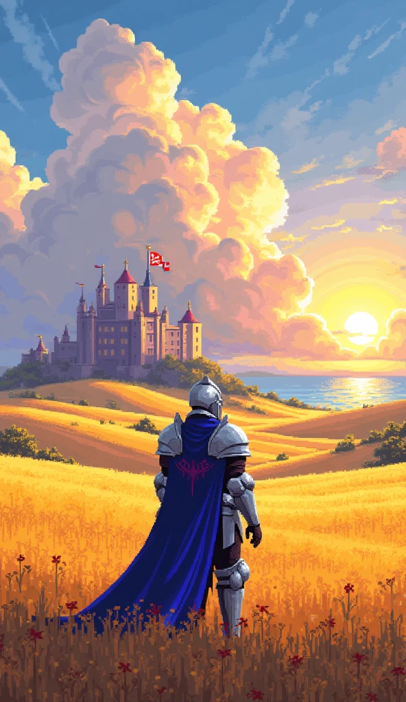 "Lonely rider in silver armor with blue details, watching the sun rise over golden fields, castle in the distance with colorful flags waving, graphic style of 'Octopath Traveler'", 32 bit pixel art