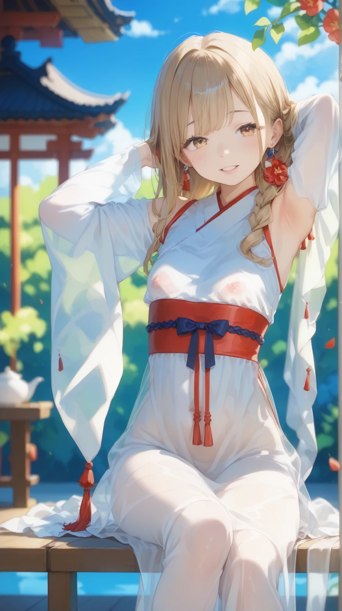 perfect anatomy:1.5、(((Japanese woman, Japanese girl))), 2A 0 year old girl drinks tea with a、cute face、cute girl, light brown eyes showing armpit sweats:1.3, white large sheer hemp dress, Sleeves that hide up to the fingertips , Big sleeves, (((White sheer dress、sheer fabric dress, Seemingly invisible eroticism,))), brown hair, straight long hair sitting in a gazebo, Tyndall phenomenon, realistic, Shadow Studio ,Ultramarine、illumination, Dual tone illumination, (skin with attention to detail: 1.2)、薄Dark illumination、Dark illumination、 pictures, high resolution, 4K, 8k, blurry background,BEAUTIFUL FADE OUT、break, break,Western-style garden、Sit in the gazebo、
