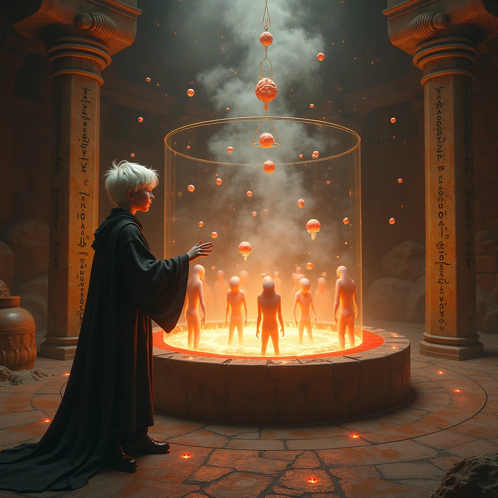 A mystical alchemical chamber with ancient stone walls engraved with glowing runes and floating crystal lights. At the center, a large translucent vat or glass tank containing swirling magical fluids and faint, undefined humanoid silhouettes — ethereal, mist-like, without  features or anatomical detail. The scene is bathed in soft red and gold light. A adolescent boy sorcerer with short white hair and dark robes stands beside the vessel, extending one hand as runes float from his fingertips toward the tank. The atmosphere is arcane, sacred, and ominous — capturing the beginning of artificial life in a symbolic and non-literal way. Style: realistic fantasy, ultrarealism, magical realism, high detail.

