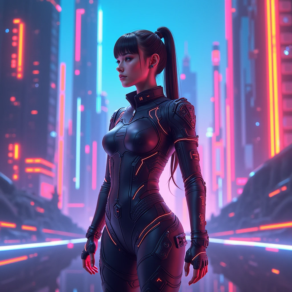 There's a cyborg woman (8k) wearing a futuristic leotard (best quality) standing in a cyberpunk city alley at night, darksynth aesthetic, red neons, beautiful woman, haze, foggy night, ultra detailed, photorealistic.