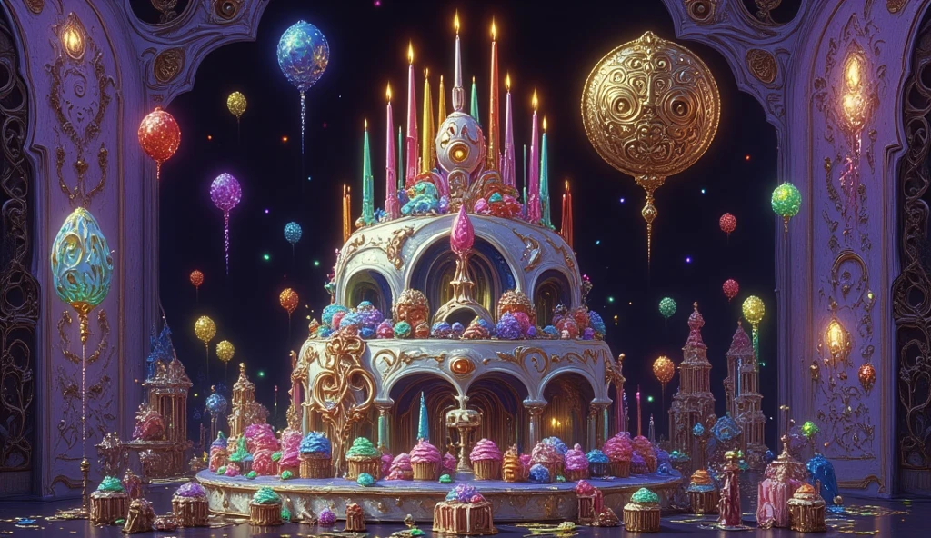 A dazzling three-tiered birthday cake in a fantastical, artistic shape, designed with an ultra-bright, vibrant color palette using rare and magical hues: dragonfruit magenta, electric orchid purple, neon sapphire blue, glowing jade green, and cosmic coral. The cake features thick, glossy, dripping icing with a high-shine finish, and is richly decorated with glowing marshmallows, iridescent candy jewels, and glittering sugar elements.On top of the cake are beautifully designed, tall artistic candles — each with a different vibrant color from the cake’s palette. The candles glow with warm, flickering light and have sculptural, whimsical shapes, some slightly twisted or swirled like candy sticks, adding elegance and magic to the cake’s crown.The floor around the cake is filled with jewel-toned cupcakes. Floating pastel and neon balloons surround the scene, with holographic gift boxes arranged around the base. A large, inflated 3D balloon-style ‘HAPPY BIRTHDAY’ sign floats above or behind the cake. The background wall is richly decorated with magical candy garlands, glowing paper fans, fairy lights, and pastel streamers — creating an immersive Candy Land-inspired celebration full of vivid color, joy, and enchantment.