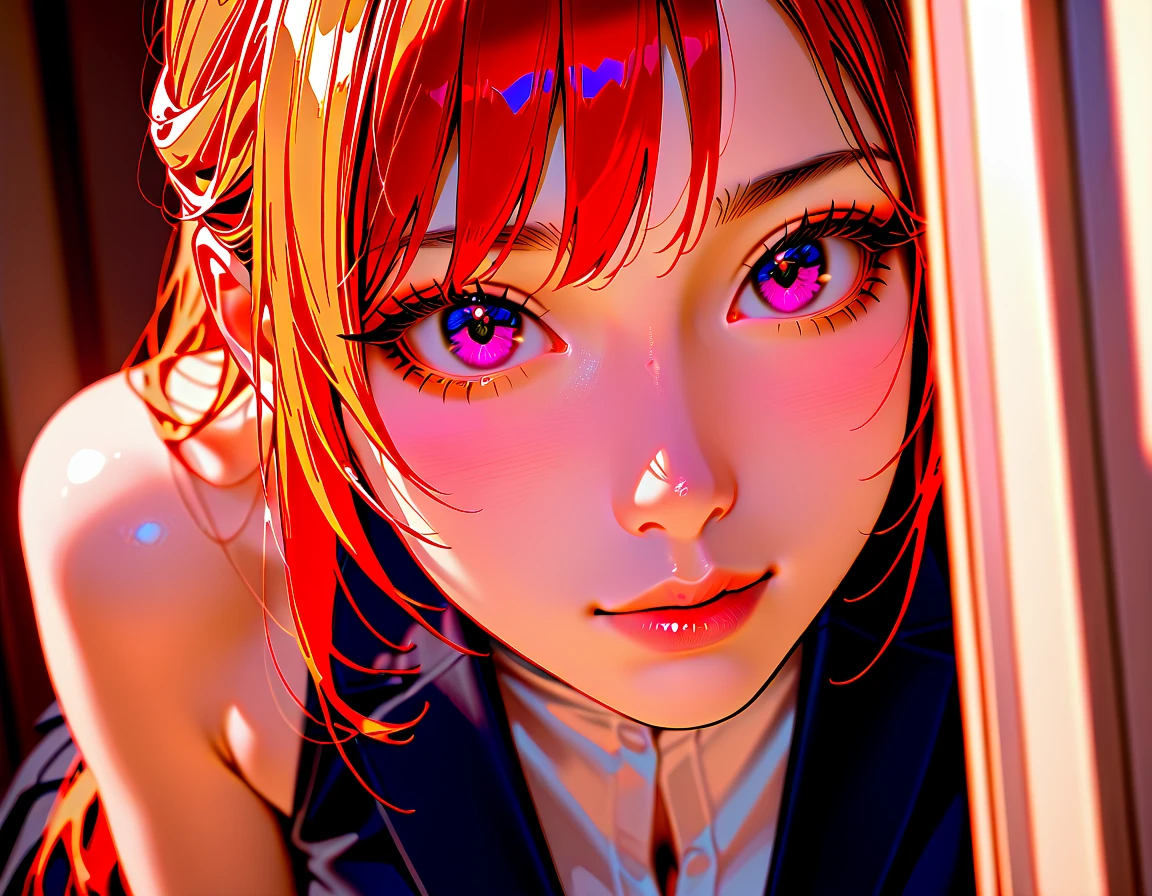 Gentle and beautiful woman, Half-body photo, delicate and sexy clavicle,  charming oval face ,  Double eyelid ,  intelligent peach blossom eyes , pink lips, small nose, bare shoulders, focused face, close up of your face, ultra-high-definition, super details, Standing elegantly,  British style college black small suit jacket, casual Korean style ,  double-breasted and loose-fitting , paired with black pleated skirt suit