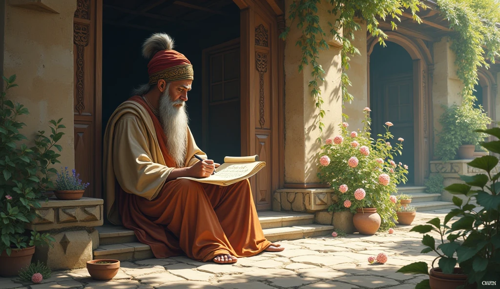 An ancient scholar sitting outside an ancient home writing