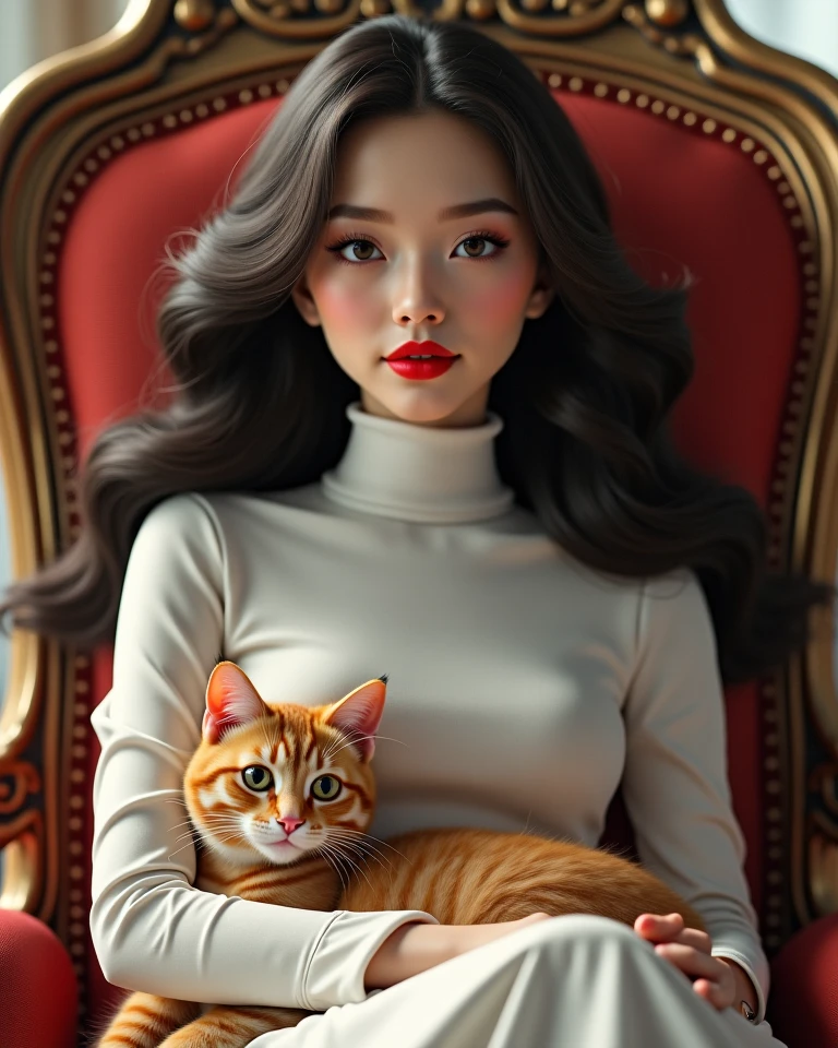 A 23-year-old beauty in a red dress, red-faced, with a gold necklace, holding a white kitten, sitting in a high-end café,
