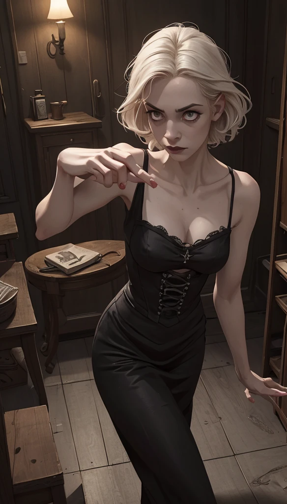 A realistic, severed human hand walking on its fingers. Pale skin with visible veins and detailed wrinkles. Neatly trimmed nails. The wrist end is cleanly cut and slightly darkened, with no blood, giving it a spooky yet cartoonish look. The hand is full of personality, mid-motion as if it's sneaking or gesturing. Set in a gothic, dimly lit room with old wooden furniture and shadows. Style: semi-realistic, inspired by Tim Burton’s gothic aesthetic.