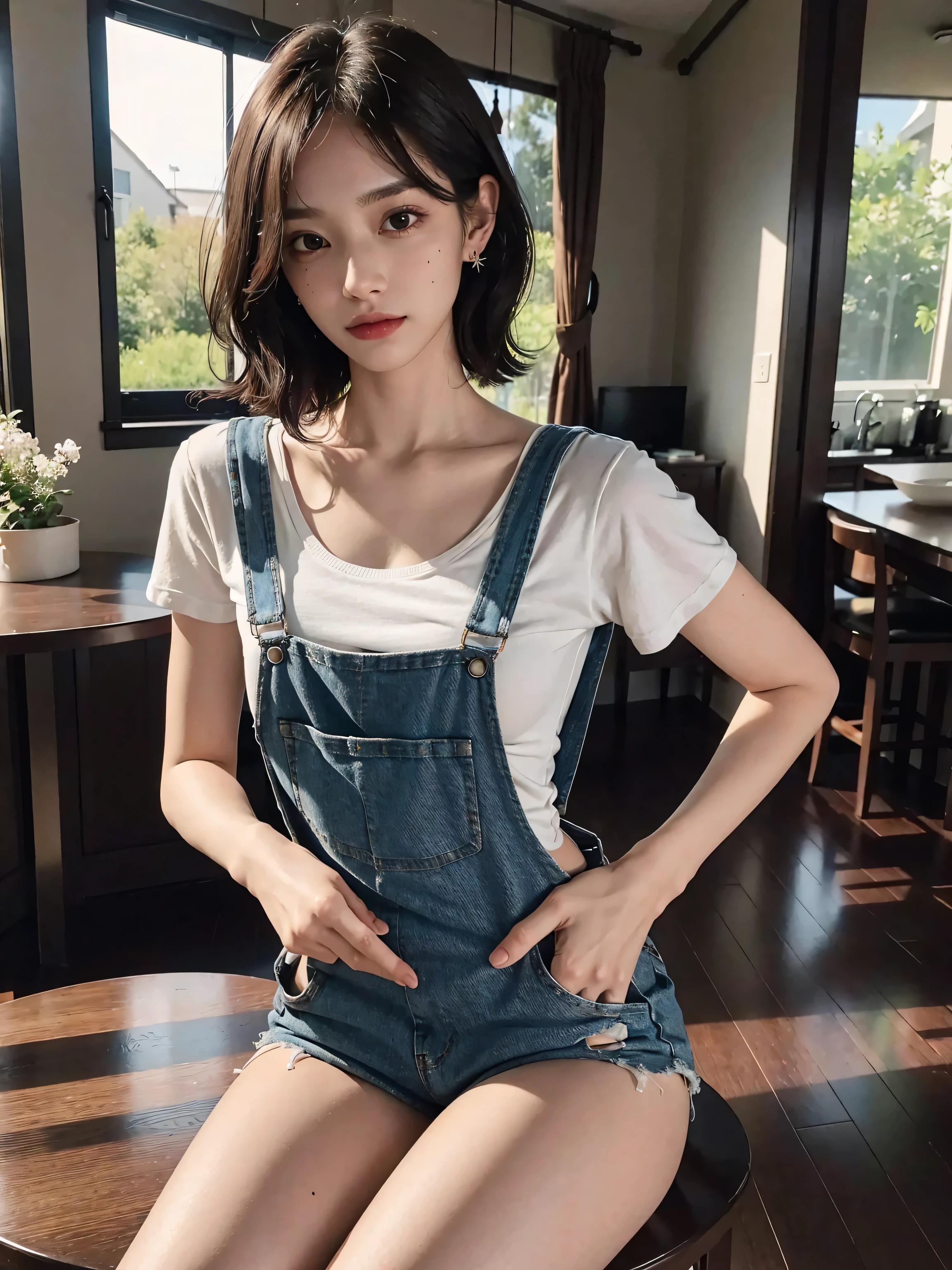 The beauty of 8K raw photos:2.0, short hair, 15 years old, Japanese with great face and dark eyes, stare at the camera, upward glance, A big smile, show teeth, dynamic pose, (Spread legs on the field), （denim shorts:1.2), realistic:1.9, very detailed CG 統合 8k 壁紙, very detailed, High resolution RAW color photos, (from bottom:1.3), professional photos, Photographed at track field, girl sexy portrait