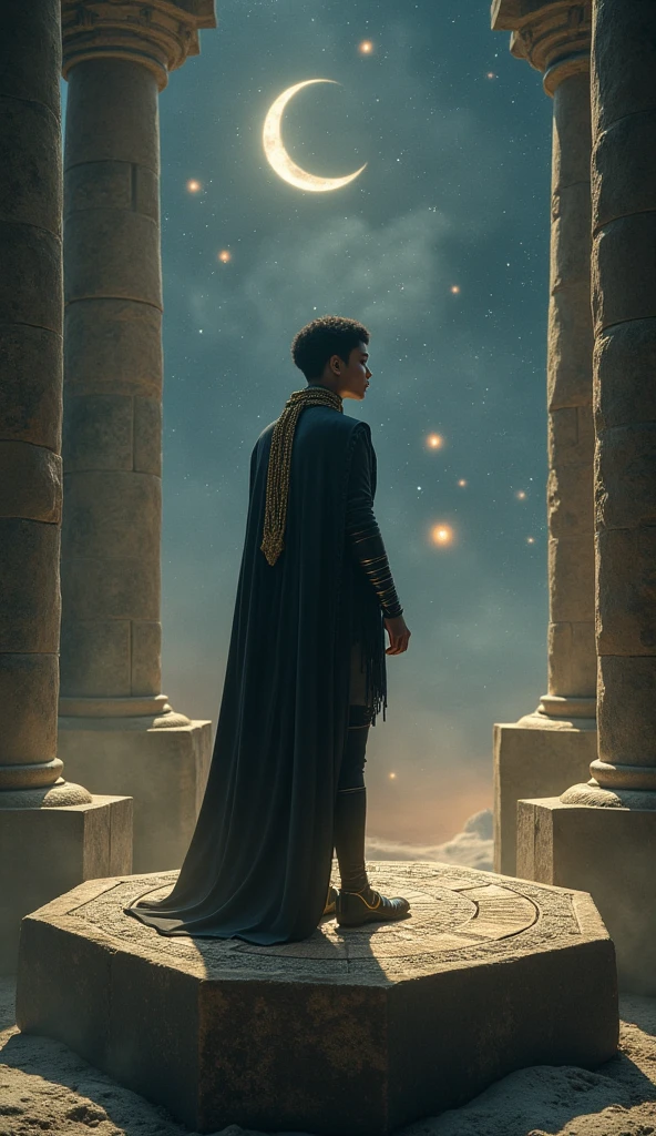 Realistic, cinematic image of a lonely person in a cosmic setting, dressed in futuristic and elegant clothes, of dark tones with golden details. The figure is standing on a platform suspended in space,  surrounded by stars , cosmic dust and planetary rings. Ao fundo, geometric and symbolic structures suggest order, time and construction — like a cosmic temple. The energy of the image is silent, determined and ancient, representing the discipline, ambition and focus of the Capricorn sign. The constellation of Capricorn Niño appears discreetly in the sky, as a reminder of destiny. The aesthetic mixes the mystical with the spatial, with soft lighting and a sacred and epic tone.