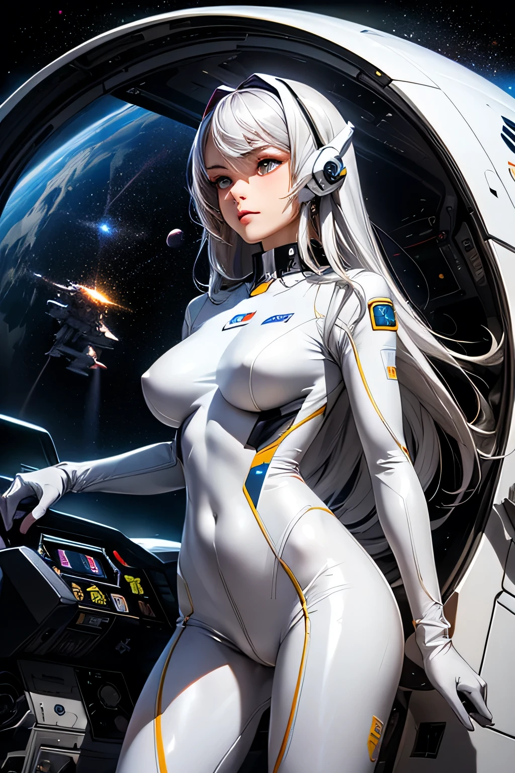 perfect anatomy　top quality,highest resolution,((( shiny white bodysuit　Space Suit　Shiny Silver Hair　long hair)))　unlimited routes　Space Opera　spaceship　cockpit　cool