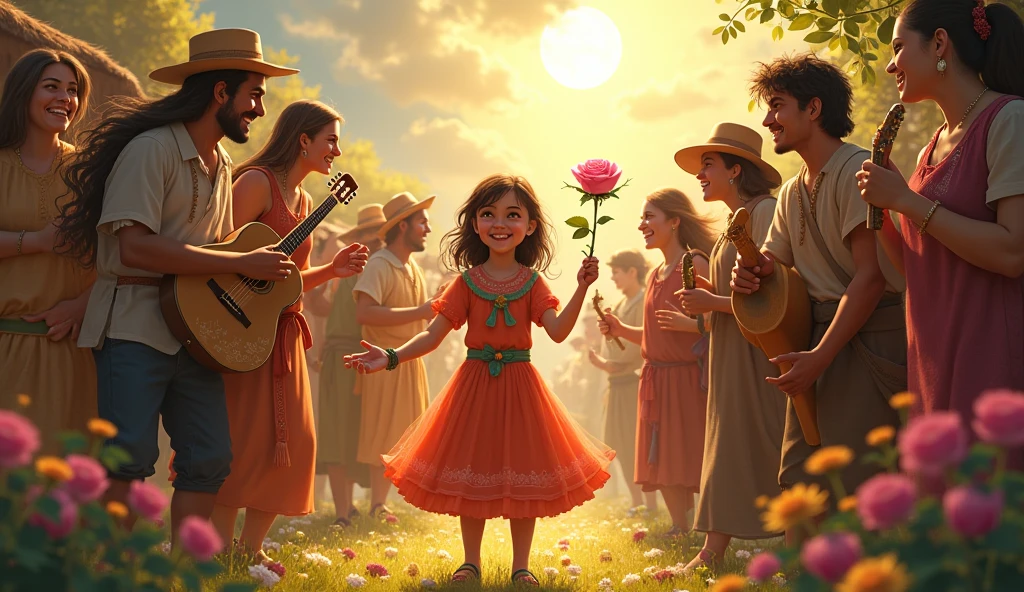 Happy villagers celebrating with music and flowers, a smiling girl holding the magical rose, sunlight returning to the village"