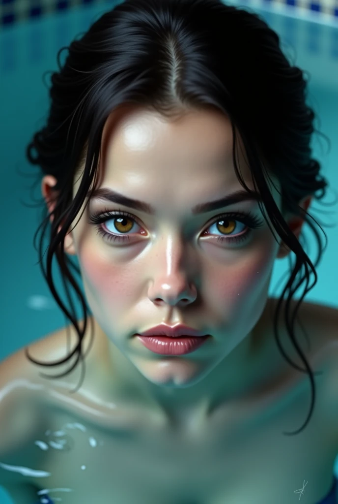 brunette woman in a pool with water at the level of her eyes the look is magnetic and intense, The eyes are brown