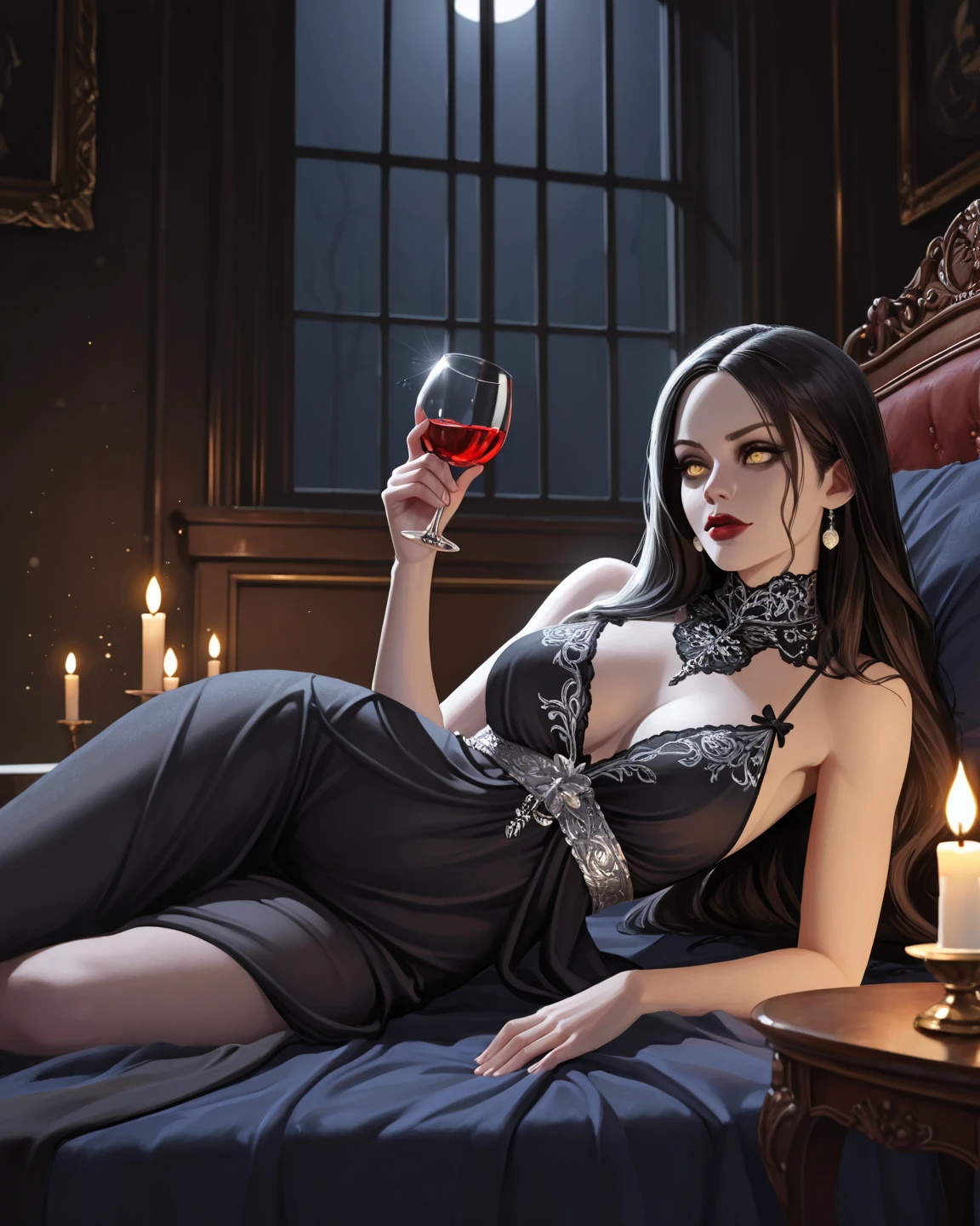 score_9_up, score_8_up, score_7_up, 1girl, solo, mature female, ((Yennefer)), black wavy hair, purple eyes, red lips, parted lips, fit slim body, ((perfect medium erected breast)), (((black seductive tight lace dress, black choker))), (((dark bedroom, candles,))), perfect model body, seductive pose