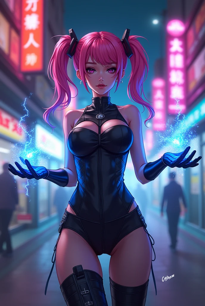 The image is a vibrant, cyberpunk-themed illustration featuring a female character with pink hair styled in twin tails. She is wearing a black, form-fitting outfit with gloves and is holding out her hands, which are emanating a blue, electric-like energy. The background is filled with neon signs and a neon-lit street scene, creating a futuristic and otherworldly atmosphere.